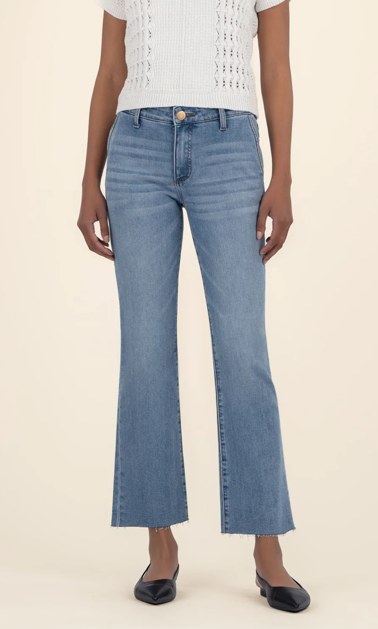 Kelsey Mid Rise Fab Ab Ankle Flare With Raw Hem & Slashed Pockets