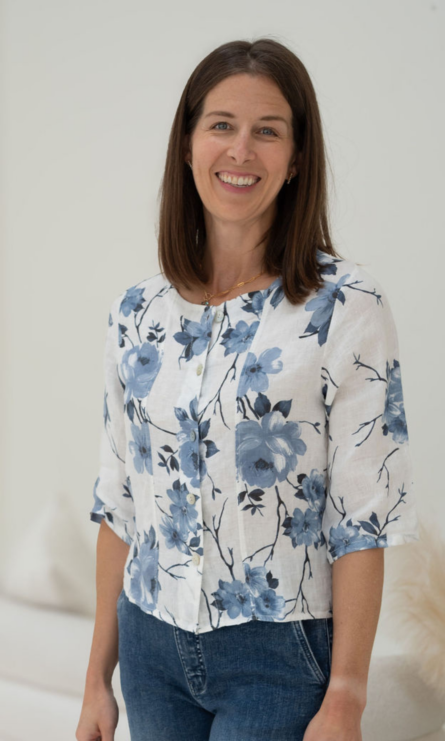 Blue Rose Pattern Linen Shirt