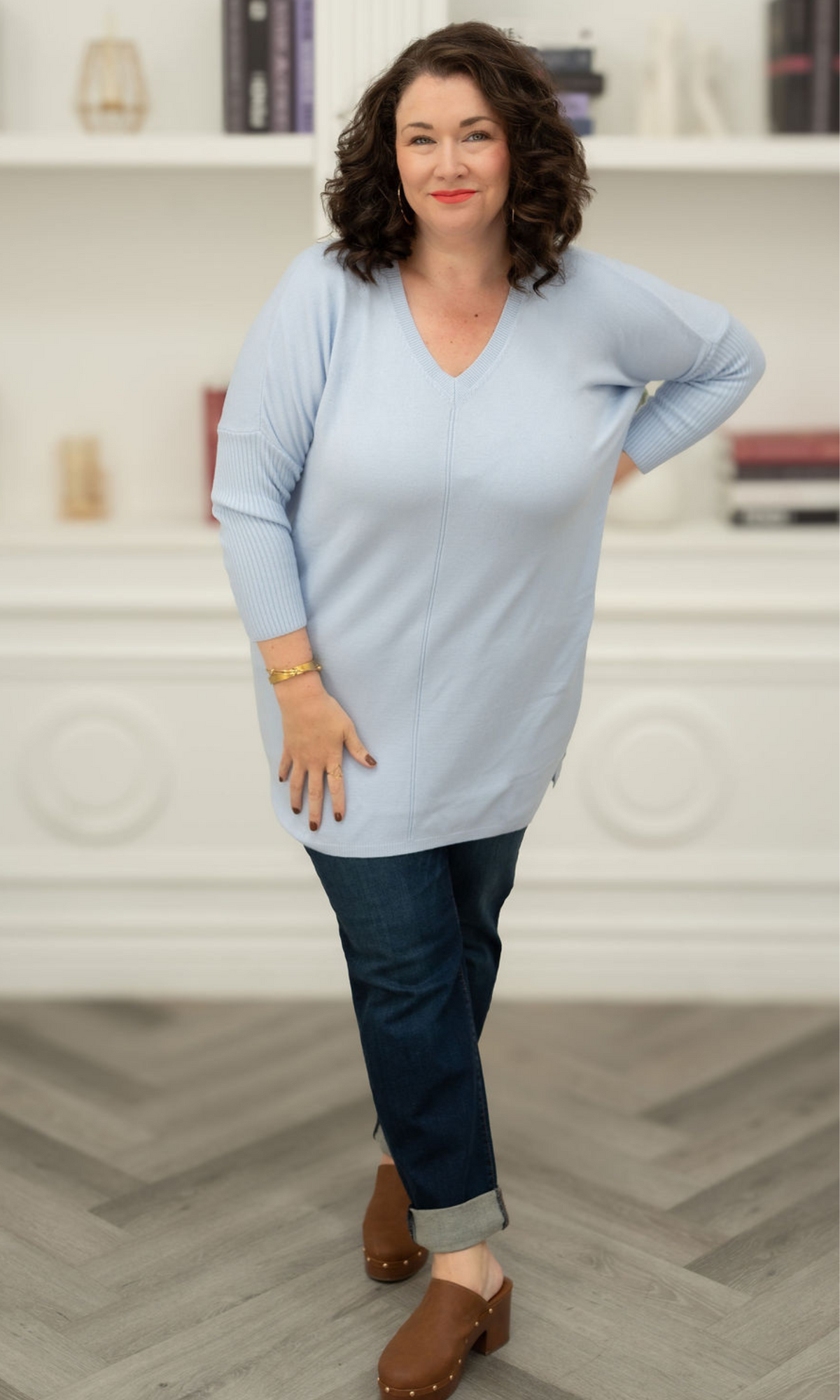 Knit Tunic w/ Rib Sleeves (Baby Blue/Navy)))