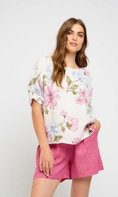 Pink Floral Linen Top