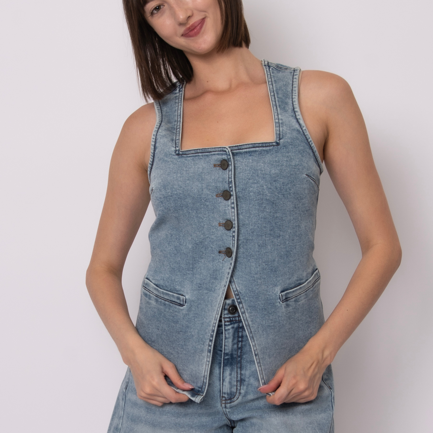 Vesta Stretch Denim Button Up Vest