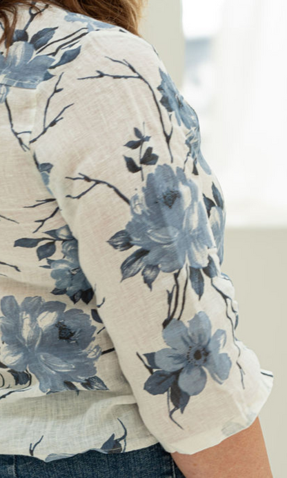 Blue Rose Pattern Linen Shirt