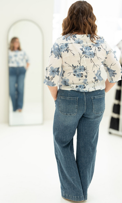 Blue Rose Pattern Linen Shirt