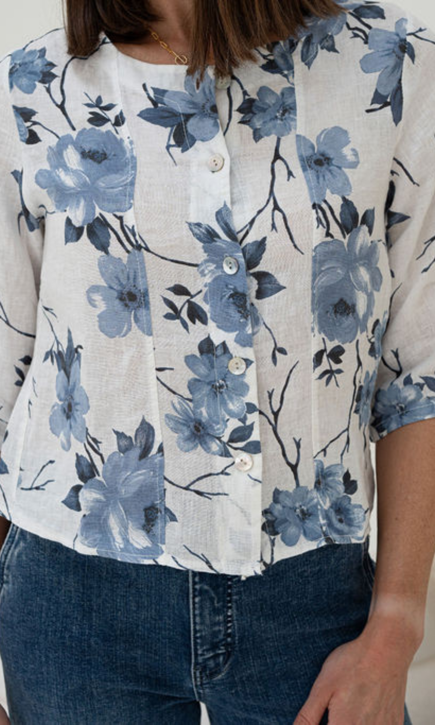 Blue Rose Pattern Linen Shirt