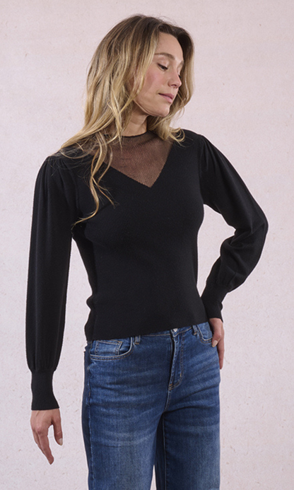 Bi-Material Sweater w/ Puffed Sleeves