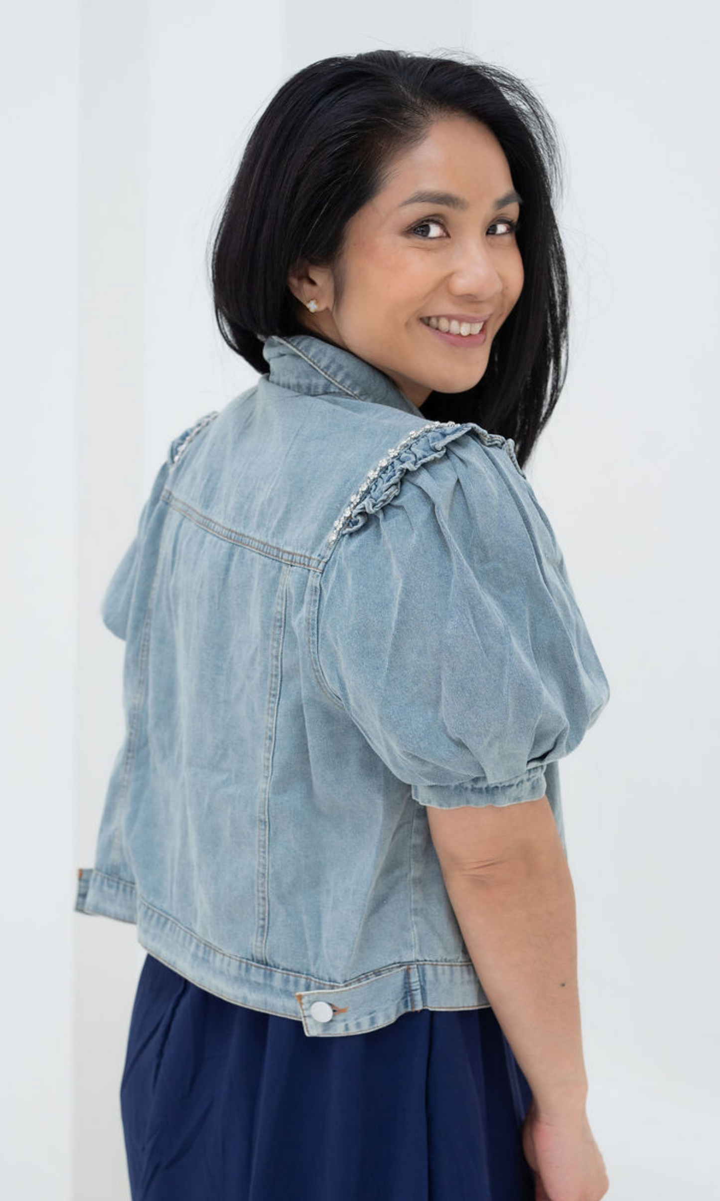 Puff Short Sleeved Denim Jacket with Rhinestones