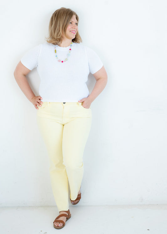 Kelsey High Rise Ankle Flare w/ Raw Hem - Pastel Yellow