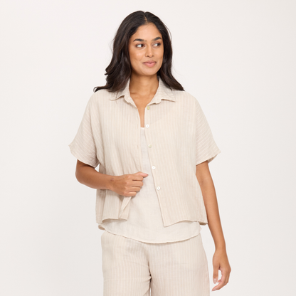 Pinstriped Short Sleeve Linen Blouse