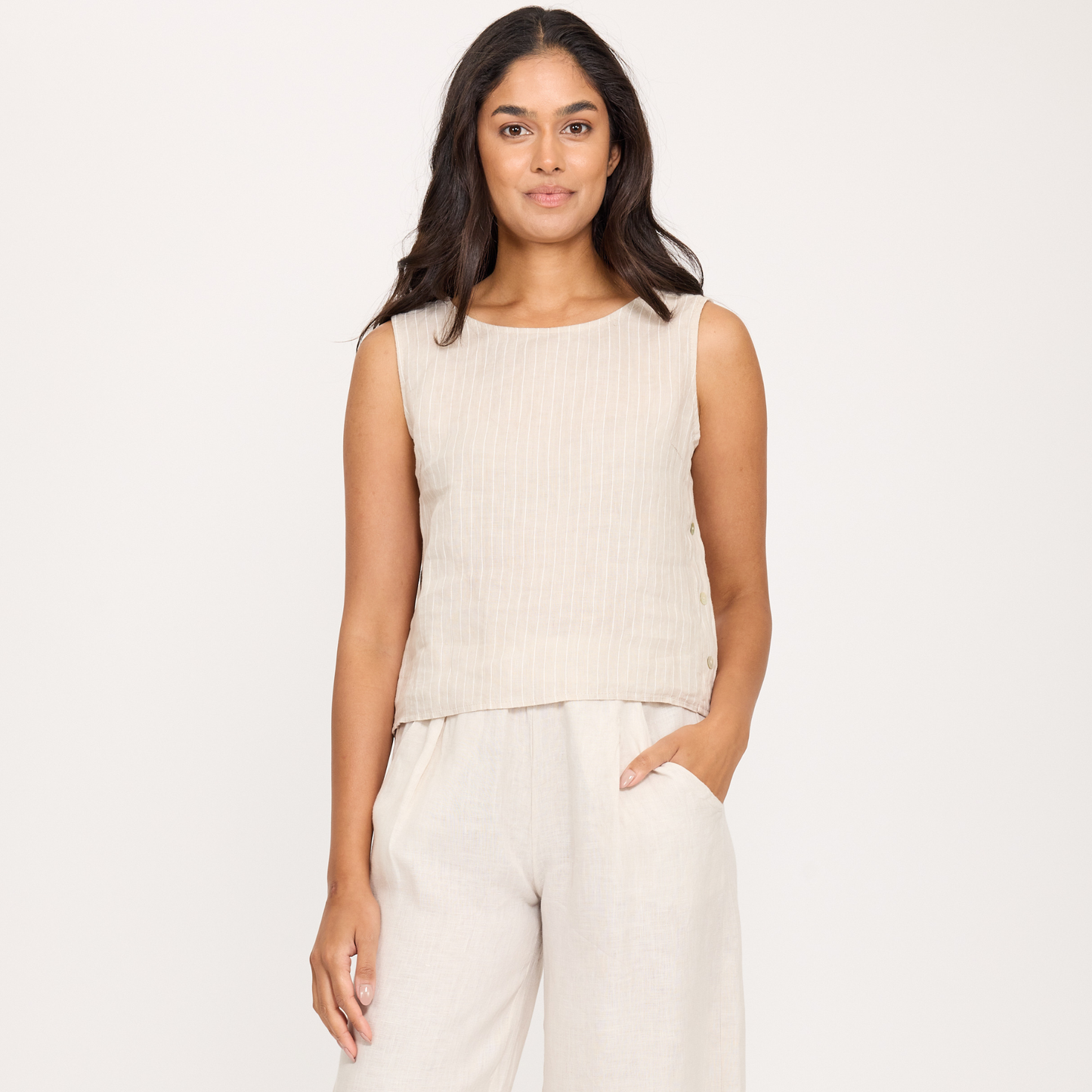 Pinstriped Sleeveless Linen Top w/ Button Sides